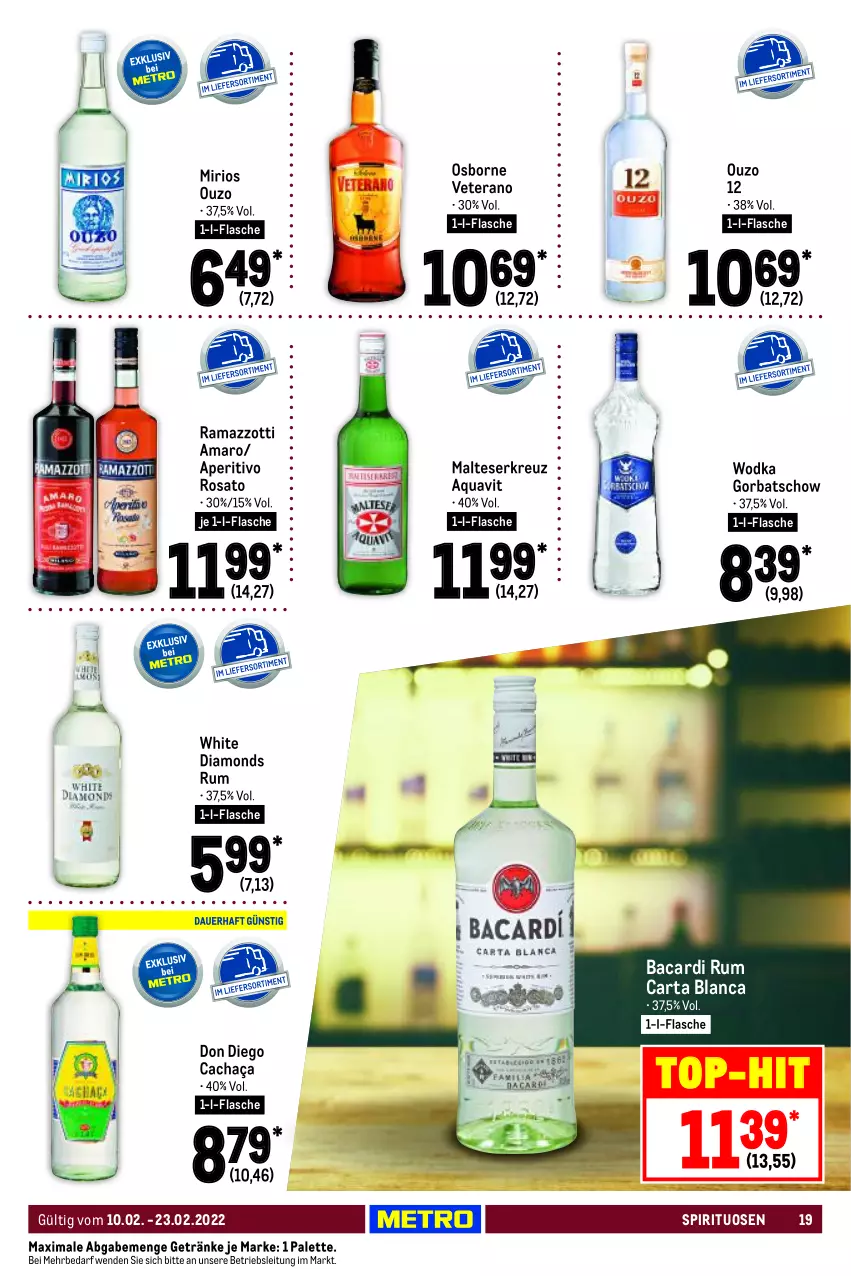 Aktueller Prospekt Metro - GastroJournal - von 10.02 bis 23.02.2022 - strona 19 - produkty: amaro, aperitivo rosato, aqua, aquavit, bacardi, bacardi rum, cachaça, flasche, getränk, getränke, Gorbatschow, malteser, osborne, ouzo, ouzo 12, Palette, rama, ramazzott, ramazzotti, rosato, rum, spirituosen, Ti, top-hit, veterano, wodka, zott