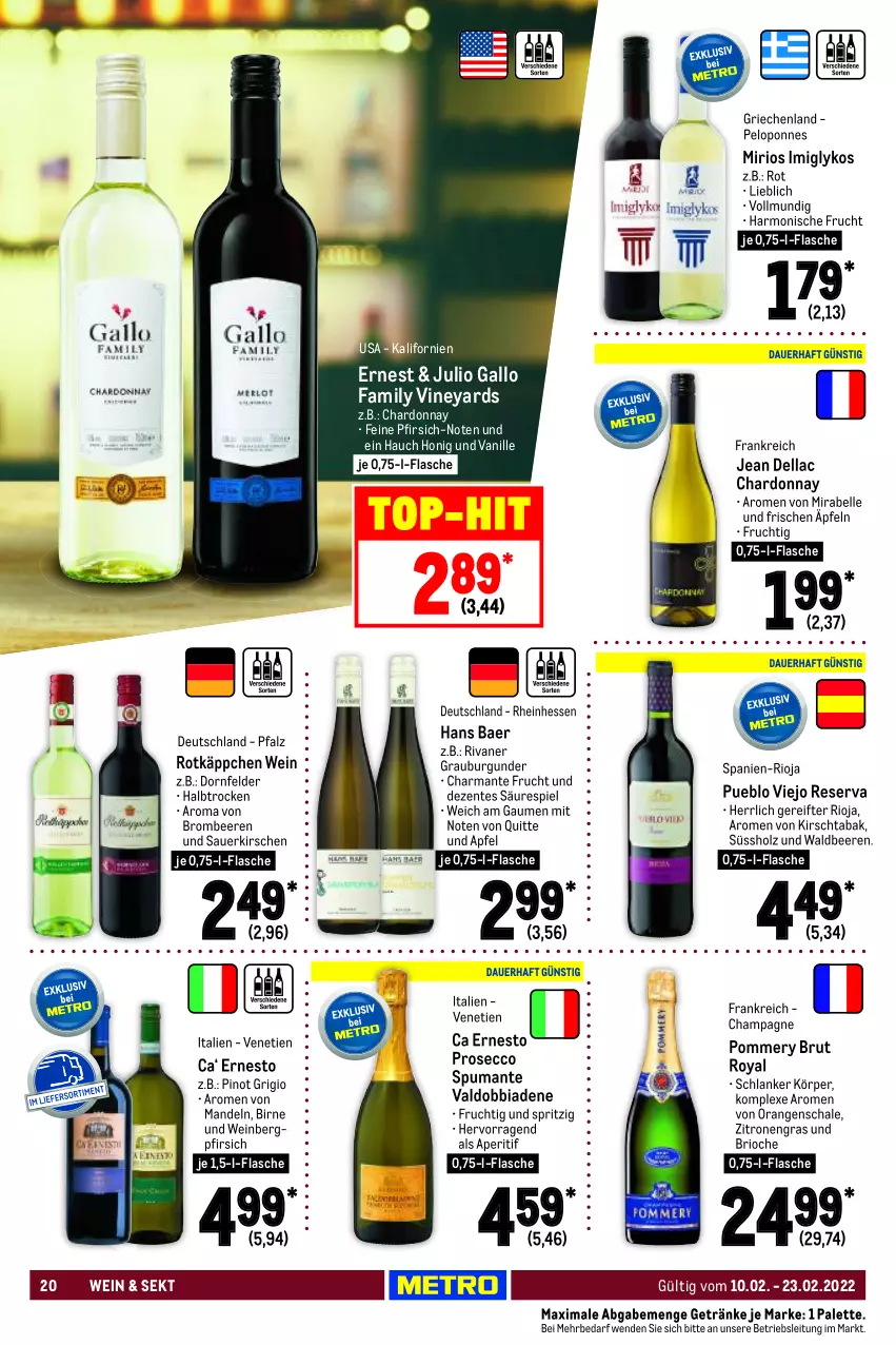 Aktueller Prospekt Metro - GastroJournal - von 10.02 bis 23.02.2022 - strona 20 - produkty: aperitif, apfel, auer, beere, beeren, brombeere, brombeeren, brut, burgunder, champagne, chardonnay, dell, dornfelder, ecco, elle, ente, ernesto, flasche, frucht, gallo, gallo family, getränk, getränke, grauburgunder, harman, Holz, honig, kirsch, kirsche, kirschen, mandel, mandeln, orange, orangen, Palette, pfirsich, Pinot, pinot grigio, prosecco, puma, rioja, Rivaner, rotkäppchen, sauerkirschen, Schal, Schale, sekt, spumante, Ti, top-hit, valdo, vanille, wein, zitrone, zitronen