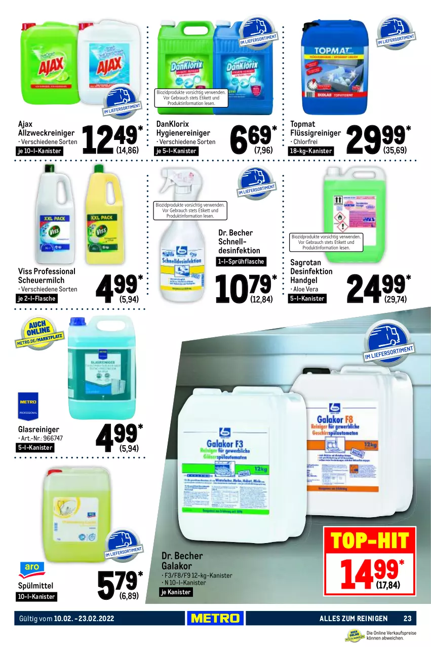 Aktueller Prospekt Metro - GastroJournal - von 10.02 bis 23.02.2022 - strona 23 - produkty: ajax, allzweckreiniger, aloe vera, Becher, danklorix, Desinfektion, flasche, Glasreiniger, Heu, milch, reiniger, sagrotan, scheuermilch, sprühflasche, spülmittel, Ti, top-hit, weck