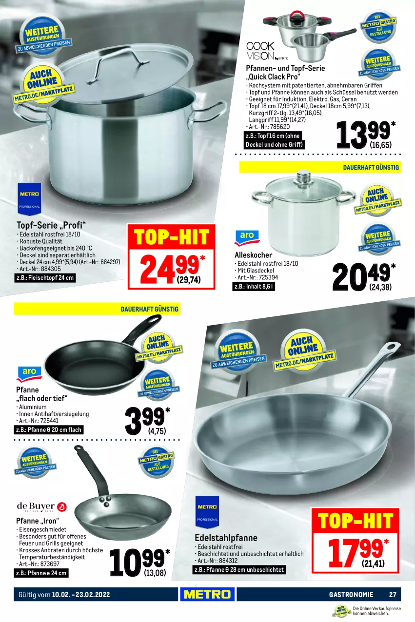 Aktueller Prospekt Metro - GastroJournal - von 10.02 bis 23.02.2022 - strona 27 - produkty: backofen, braten, decke, Deckel, edelstahl, eis, Elektro, erde, fleisch, Fleischtopf, Glasdeckel, grill, Kocher, lack, LG, Ofen, pfanne, pfannen, schüssel, Ti, top-hit, topf, und pfanne