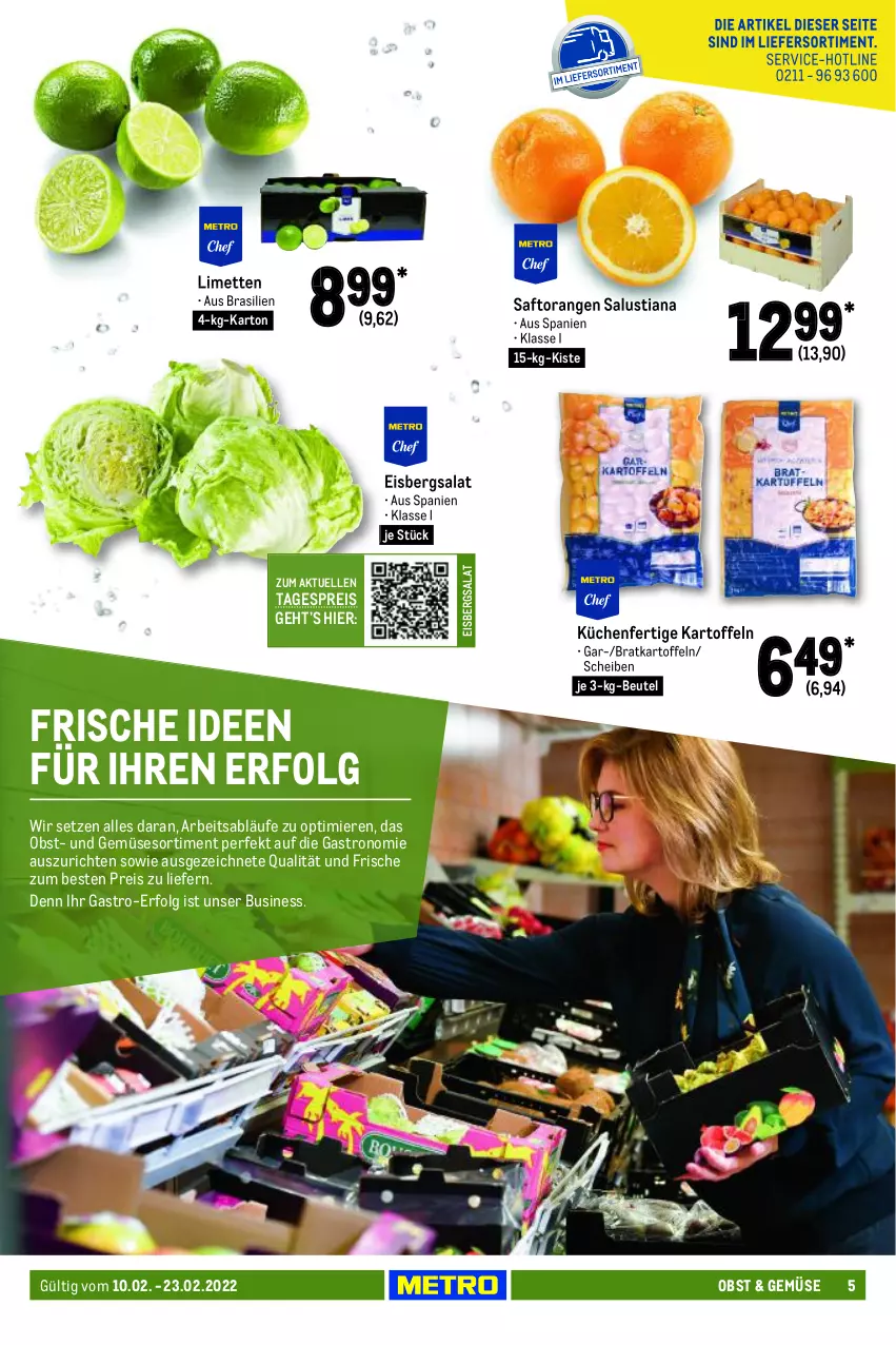 Aktueller Prospekt Metro - GastroJournal - von 10.02 bis 23.02.2022 - strona 5 - produkty: beutel, eis, eisbergsalat, elle, kartoffel, kartoffeln, küche, Küchen, LG, limette, limetten, Lusti, Mett, metten, obst, orange, orangen, reis, saft, Saftorangen, salat, Salus, Ti, und gemüse