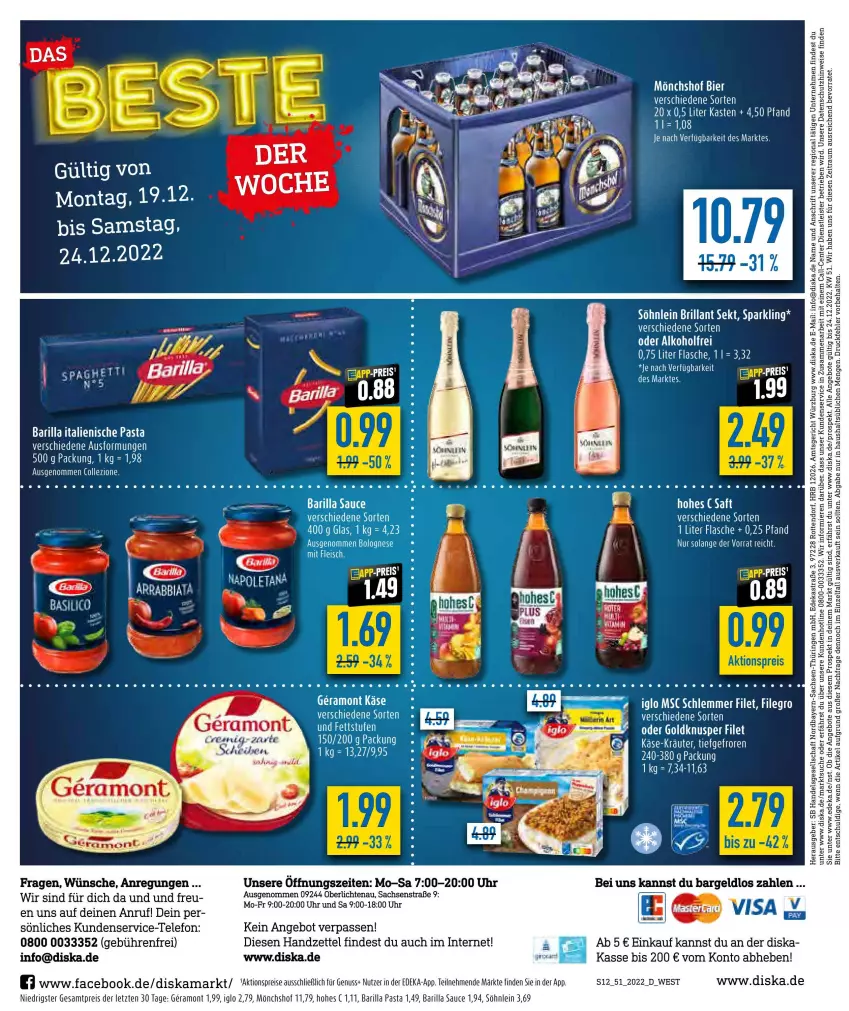 Aktueller Prospekt Diska - Prospekte - von 19.12 bis 24.12.2022 - strona 12 - produkty: aktionspreis, angebot, angebote, Astra, brillant sekt, deka, eis, ente, filegro, filet, flasche, iglo, italienische pasta, Käse, mönchshof, nuss, pasta, reis, ring, sac, saft, sauce, sekt, söhnlein, söhnlein brillant, tee, telefon, Ti, uhr, ZTE