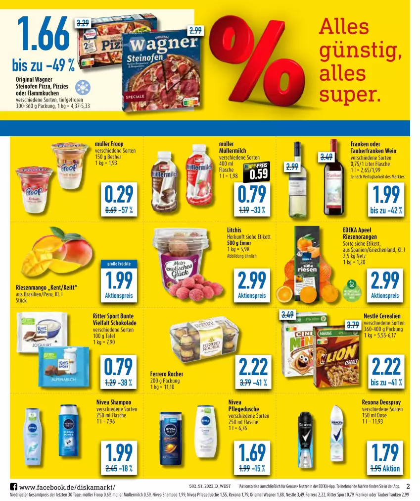 Aktueller Prospekt Diska - Prospekte - von 19.12 bis 24.12.2022 - strona 2 - produkty: aktionspreis, Becher, cerealien, deka, deo, deospray, dusche, eimer, eis, ferrero, Ferrero Rocher, flammkuchen, flasche, froop, früchte, gin, kuchen, lamm, mango, milch, Müller, müller froop, müllermilch, nivea, nuss, Ofen, orange, orangen, original wagner, pflegedusche, pizza, reis, rexona, ritter, ritter sport, schoko, schokolade, shampoo, Sport, steinofen, steinofen pizza, Ti, wagner, wein, ZTE