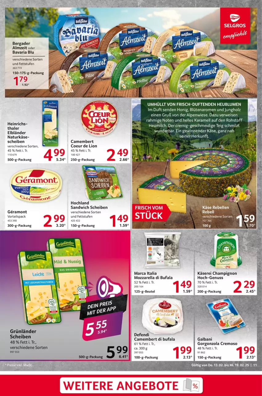 Aktueller Prospekt Selgros - Food - von 13.02 bis 19.02.2025 - strona 11 - produkty: bavaria blu, bergader, beutel, blume, blumen, Blüte, camembert, champignon, di bufala, eis, elle, galbani, gorgonzola, grünländer, Heu, heumilch, hochland, Holz, honig, karamell, Käse, lion, milch, mozzarella, natur, nuss, rebell, rel, Ria, rwe, sandwich, tee, Ti