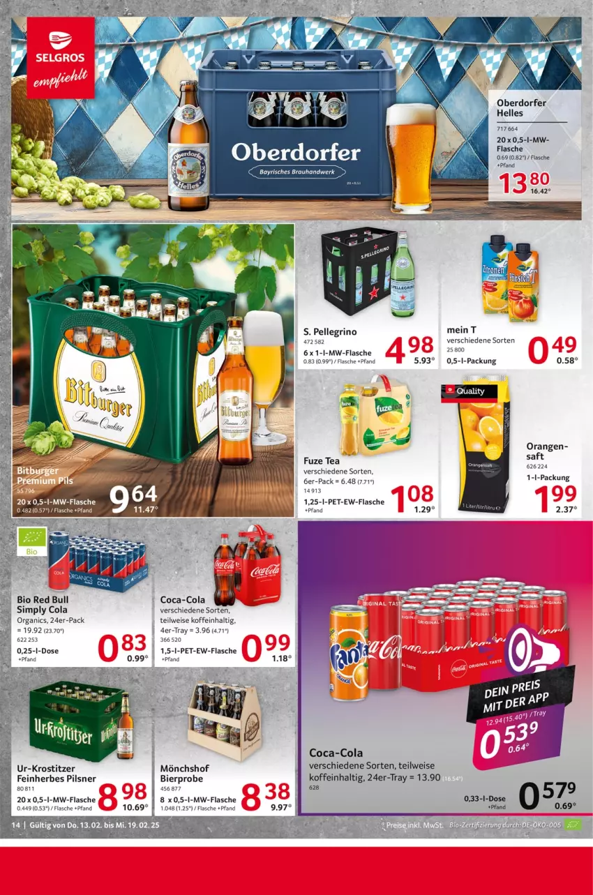 Aktueller Prospekt Selgros - Food - von 13.02 bis 19.02.2025 - strona 14 - produkty: bier, bio, coca-cola, cola, eis, elle, flasche, fuze tea, mönchshof, mw-flasche, orange, orangen, orangensaft, pils, pilsner, red bull, saft, sim, Ti