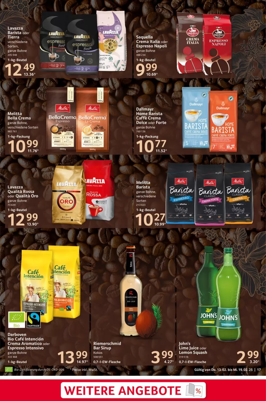 Aktueller Prospekt Selgros - Food - von 13.02 bis 19.02.2025 - strona 17 - produkty: angebot, angebote, bella crema, beutel, bio, bohne, dallmayr, espresso, flasche, lavazza, melitta, oder espresso, sirup, Ti