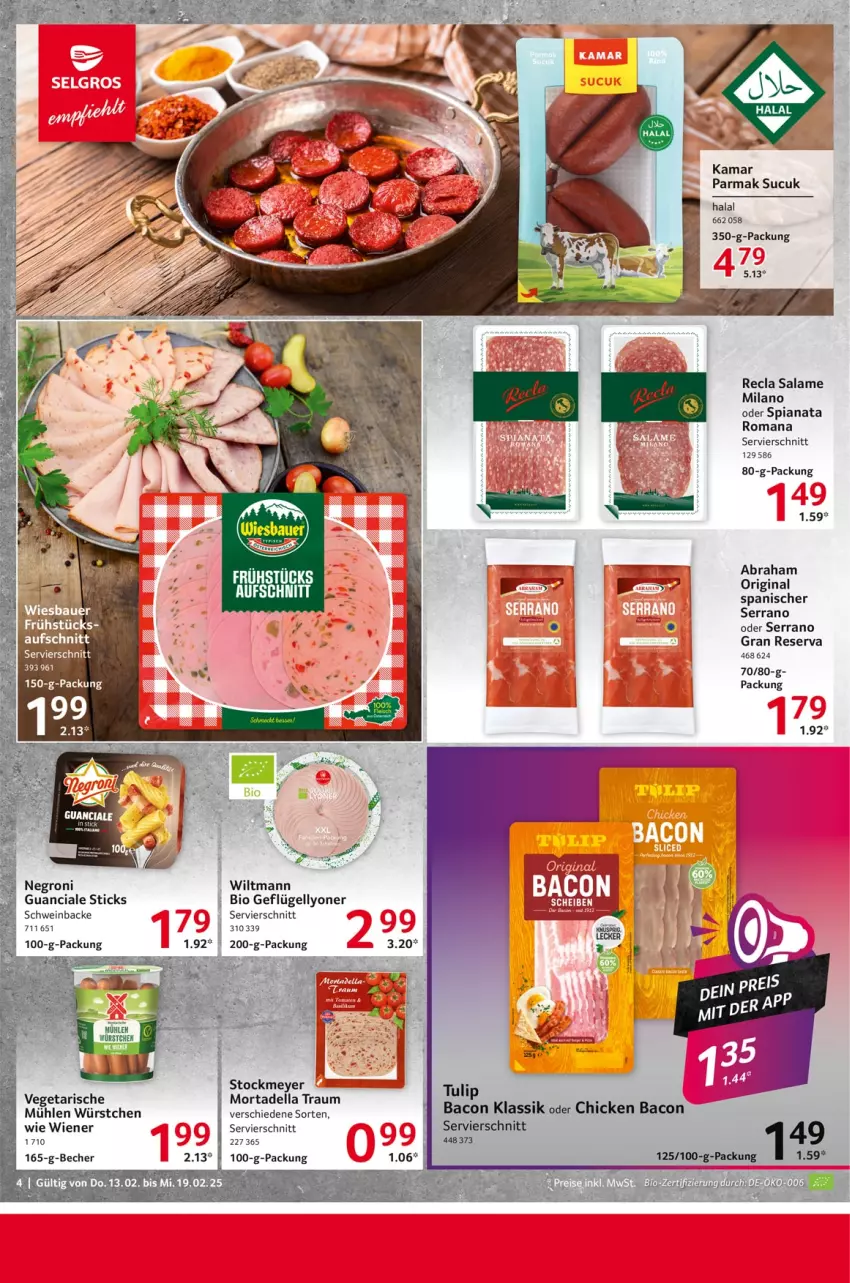 Aktueller Prospekt Selgros - Food - von 13.02 bis 19.02.2025 - strona 4 - produkty: aufschnitt, bacon, Becher, bio, dell, Geflügel, gin, lyoner, mortadella, schwein, serrano, stockmeyer, Sucuk, Ti, Vegeta, wein, wiener, wiltmann, würstchen, Yo