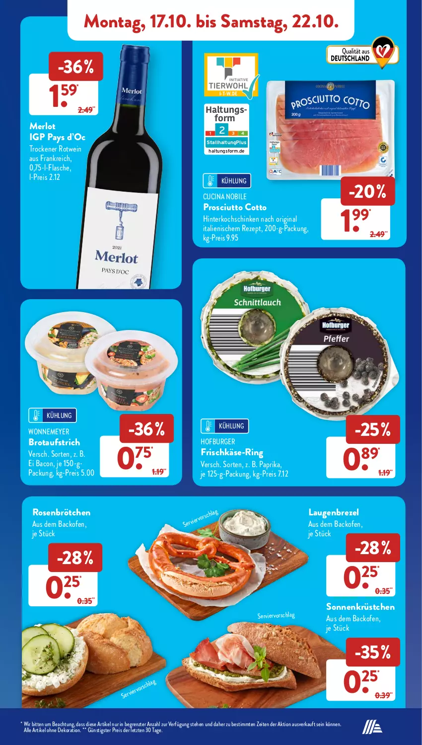 Aktueller Prospekt AldiSud - NÄCHSTE WOCHE - von 17.10 bis 22.10.2022 - strona 11 - produkty: alle artikel ohne dekoration, aufstrich, backofen, bacon, brezel, brot, brotaufstrich, brötchen, burger, cin, dekoration, eis, flasche, frischkäse, gin, hinterkochschinken, Käse, kochschinken, Laugenbrezel, merl, merlot, Ofen, paprika, prosciutto, prosciutto cotto, reis, rezept, ring, rosen, rotwein, schinken, Ti, wein, ZTE