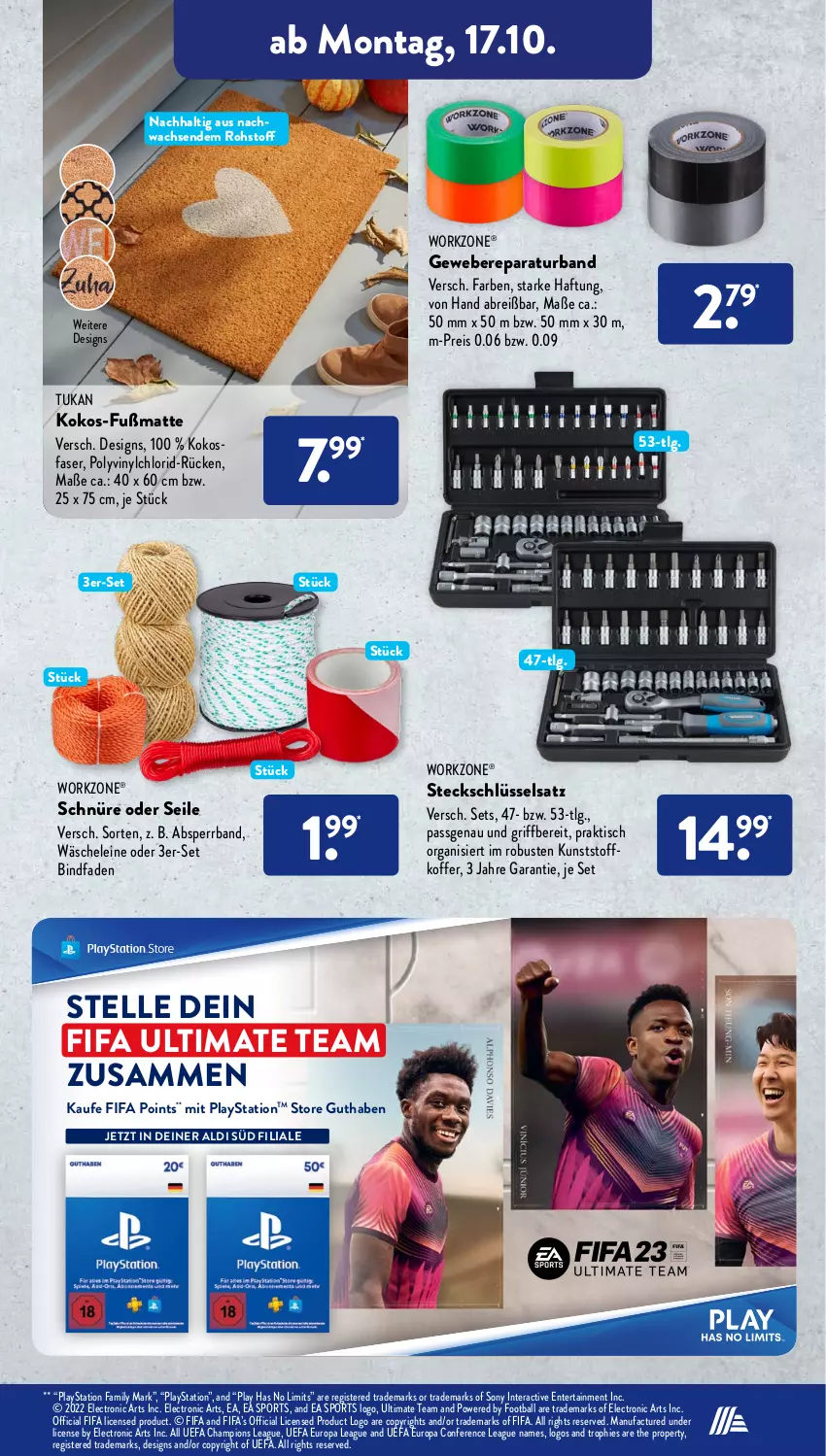 Aktueller Prospekt AldiSud - NÄCHSTE WOCHE - von 17.10 bis 22.10.2022 - strona 17 - produkty: Absperrband, aldi, ball, Brei, champion, eis, elle, ente, Fußmatte, koffer, kokos, lays, leine, LG, PlayStation, reis, sony, Sport, Steckschlüsselsatz, Ti, tisch, weber