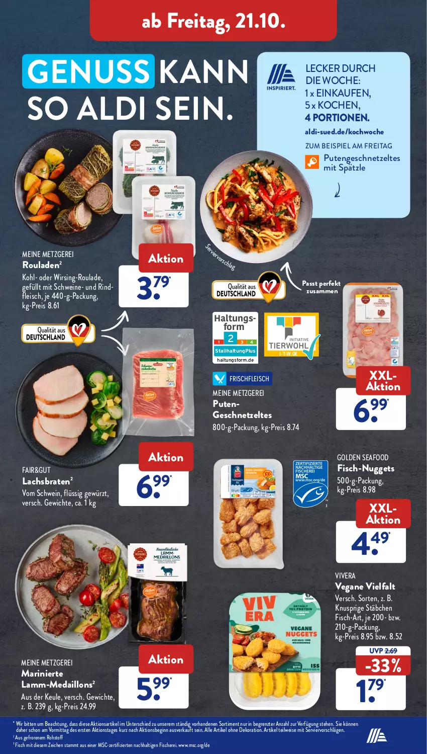 Aktueller Prospekt AldiSud - NÄCHSTE WOCHE - von 17.10 bis 22.10.2022 - strona 39 - produkty: aldi, alle artikel ohne dekoration, braten, dekoration, eis, fisch, fische, Fischer, fleisch, geschnetzeltes, gewürz, gin, lachs, Lachsbraten, lamm, Lamm-Medaillons, medaillons, nuggets, nuss, pute, Putengeschnetzeltes, reis, rind, rindfleisch, rouladen, Schere, schwein, schweine, Ti, wein, weine, Wirsing, Zelt, ZTE