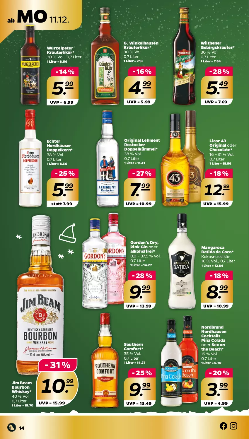 Aktueller Prospekt Netto - Woche 50 - von 11.12 bis 16.12.2023 - strona 14 - produkty: alkohol, batida, bourbon, bourbon whiskey, cocktail, cocktails, cola, doppelkorn, gin, gordon, Gordon’s, jim beam, kokos, kokosnuss, korn, kräuter, kräuterlikör, licor, licor 43, likör, mangaroca, nordbrand, nuss, Rostocker, Southern Comfort, Ti, whiskey, wilthener, winkelhausen