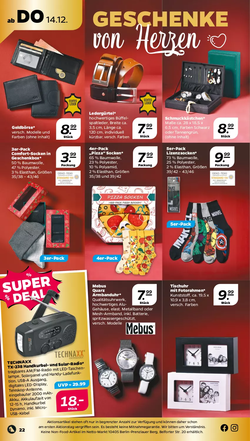 Aktueller Prospekt Netto - Woche 50 - von 11.12 bis 16.12.2023 - strona 22 - produkty: akku, Armband, Armbanduhr, auer, batterie, Bau, baumwolle, Brei, dell, elle, Fotorahmen, Geldbörse, Geschenkbox, Lampe, Mode, ndk, pizza, Radio, rwe, Schmuck, socken, technaxx, Teleskop, Ti, tisch, uhr, usb, wasser, wolle, ZTE