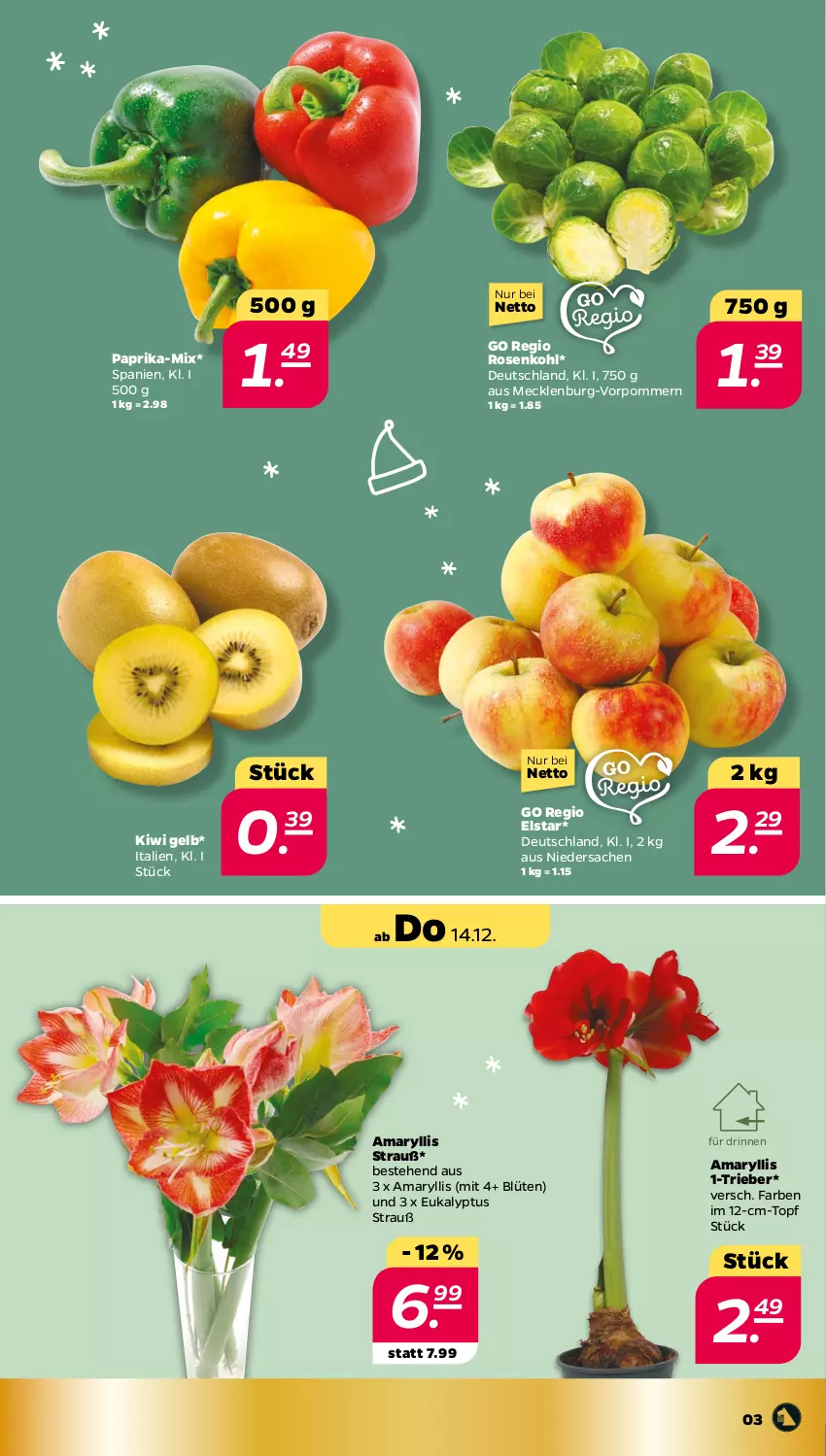 Aktueller Prospekt Netto - Woche 50 - von 11.12 bis 16.12.2023 - strona 3 - produkty: Blüte, kiwi, paprika, rosen, Rosenkohl, sac, topf