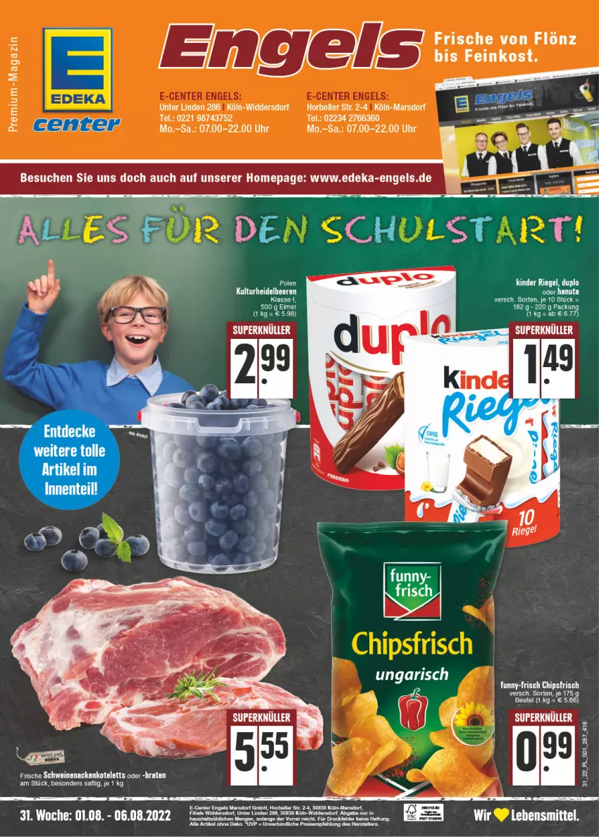 Aktueller Prospekt E Center - Angebote der Woche - von 01.08 bis 06.08.2022 - strona 1 - produkty: beere, beeren, beutel, braten, duplo, eier, eis, elle, Engel, ente, hanuta, heidelbeere, heidelbeeren, Kinder, kinder riegel, kotelett, magazin, mars, nackenkoteletts, reis, reiss, riegel, saft, schwein, schweine, schweinenacken, tee, teller, Ti, uhr, wein, weine