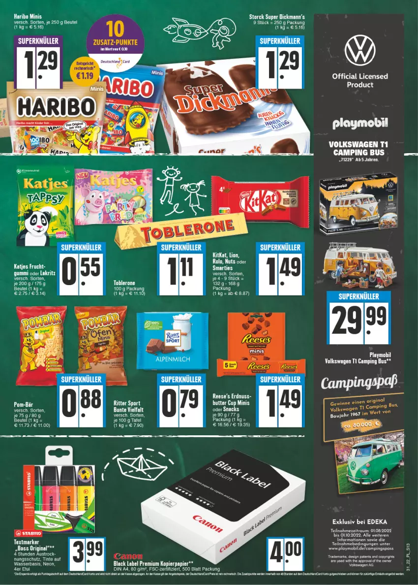 Aktueller Prospekt E Center - Angebote der Woche - von 01.08 bis 06.08.2022 - strona 13 - produkty: aust, beutel, black label, boss, deutschlandcard, din a4, eis, erdnuss, gin, kopierpapier, lack, Lakritz, LG, nuss, oder lakritz, papier, playmobil, pom-bär, Popp, reis, sac, salz, smarties, snack, snacks, stabilo, tee, textmarker, Ti, toblerone, wasser