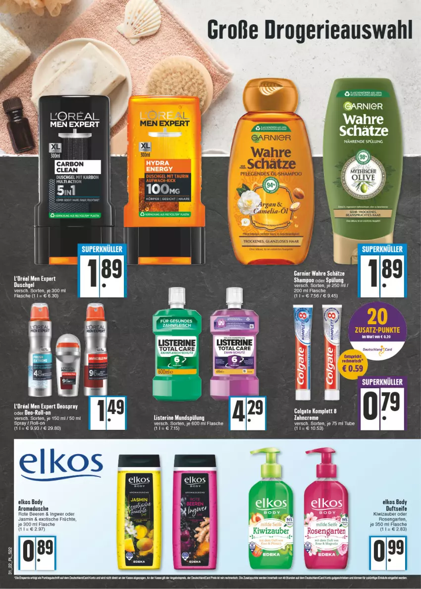 Aktueller Prospekt E Center - Angebote der Woche - von 01.08 bis 06.08.2022 - strona 22 - produkty: beere, beeren, bett, Betten, body, creme, deo, deutschland card, dusche, duschgel, eis, elkos, ente, flasche, fleisch, früchte, garnier, Garten, ingwer, kerze, kiwi, listerine, mundspülung, roll-on, rosen, Seife, spülung, tee, Ti, tisch, uhr, Wahre Schätze, zahncreme