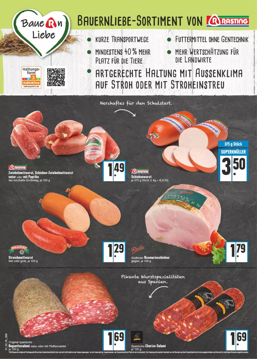 Aktueller Prospekt E Center - Angebote der Woche - von 01.08 bis 06.08.2022 - strona 8 - produkty: angebot, angebotspreis, baguette, baguettes, brot, chorizo, deutschlandcard, eis, elle, ente, erde, gin, LG, Mantel, Mett, mettwurst, natur, pfeffer, reis, rel, Ria, rosmarin, sac, salami, salz, schinken, Sport, südtiroler, tesa, Ti, Tiere, wurst, zwiebel, zwiebelmettwurst