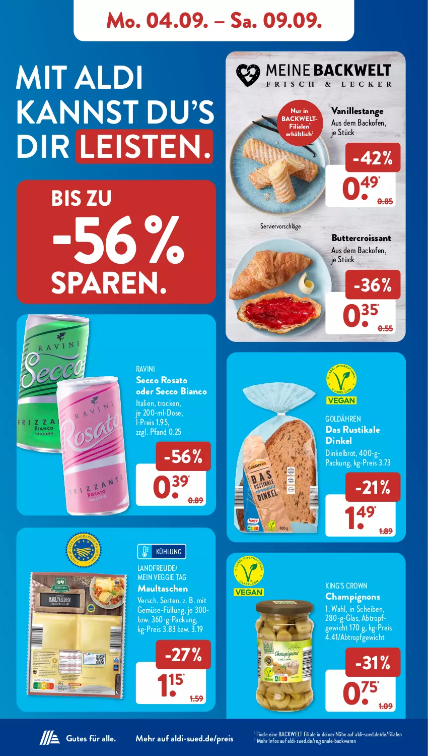 Aktueller Prospekt AldiSud - NÄCHSTE WOCHE - von 04.09 bis 09.09.2023 - strona 10 - produkty: aldi, backofen, backwaren, brot, butter, champignon, champignons, Croissant, Dinkelbrot, ecco, eis, maultaschen, mit gemüse, Ofen, reis, rosato, Tasche, taschen, Ti, vanille, Vanillestange, veggie