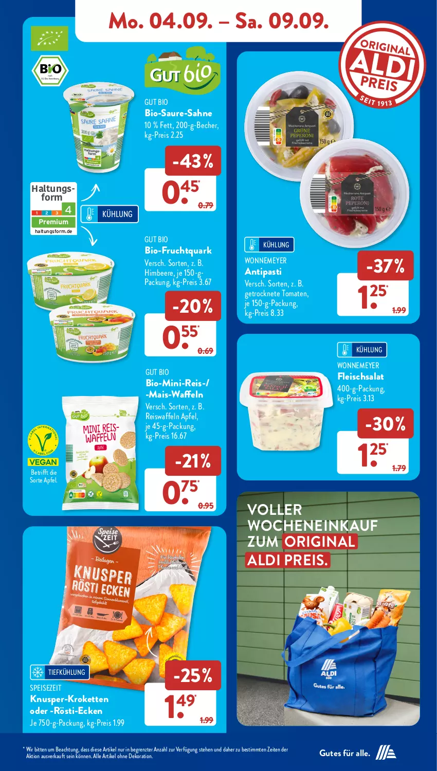 Aktueller Prospekt AldiSud - NÄCHSTE WOCHE - von 04.09 bis 09.09.2023 - strona 11 - produkty: aldi, alle artikel ohne dekoration, antipasti, apfel, asti, Becher, beere, bio, dekoration, eis, eiswaffeln, fleisch, fleischsalat, frucht, Fruchtquark, Getrocknete Tomaten, gin, himbeer, himbeere, Kette, Kroketten, mais, quark, reis, Reiswaffeln, sahne, salat, Ti, tomate, tomaten, waffeln, ZTE