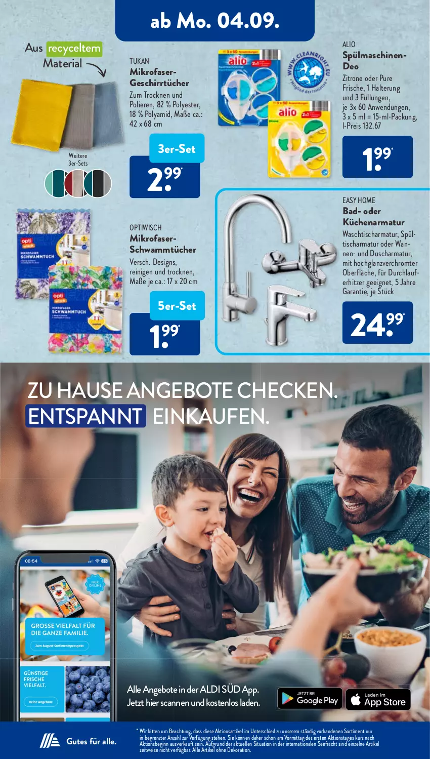 Aktueller Prospekt AldiSud - NÄCHSTE WOCHE - von 04.09 bis 09.09.2023 - strona 19 - produkty: aldi, alle artikel ohne dekoration, angebot, angebote, armatur, Bad, dekoration, deo, eis, elle, geschirr, geschirrtücher, gin, hochglanz, küche, Küchen, mikrofaser, Optiwisch, reis, Ria, schwamm, spülmaschinen, Spültischarmatur, Ti, tisch, tücher, Wanne, waschtisch, waschtischarmatur, zitrone, ZTE