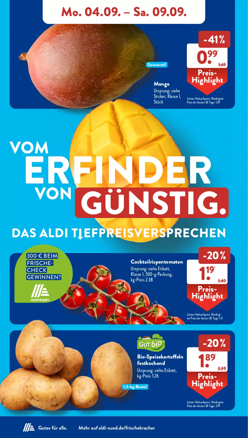 Aktueller Prospekt AldiSud - NÄCHSTE WOCHE - von 04.09 bis 09.09.2023 - strona 4 - produkty: aldi, beutel, bio, cocktail, eis, kartoffel, kartoffeln, kracher, mango, nuss, reis, rispentomaten, speisekartoffeln, Ti, tomate, tomaten, ZTE