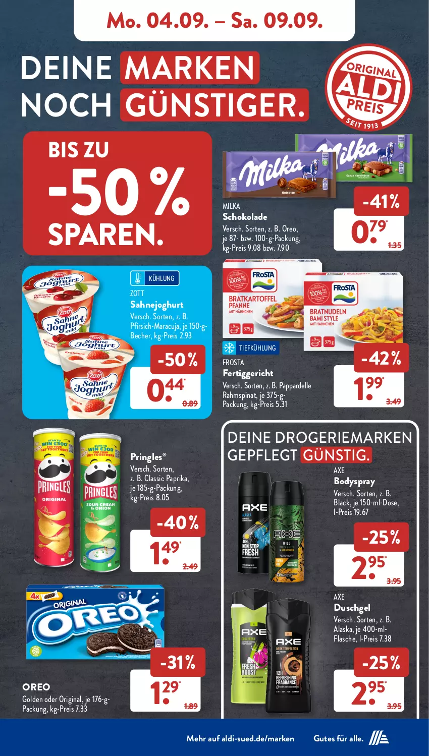 Aktueller Prospekt AldiSud - NÄCHSTE WOCHE - von 04.09 bis 09.09.2023 - strona 7 - produkty: aldi, axe, axe duschgel, Becher, body, bodyspray, dell, duschgel, eis, elle, fertiggericht, flasche, frosta, gin, joghur, joghurt, lack, maracuja, milka, milka schokolade, oreo, paprika, pfirsich, pringles, reis, ring, sahne, Sahnejoghurt, schoko, schokolade, spinat, Ti, zott