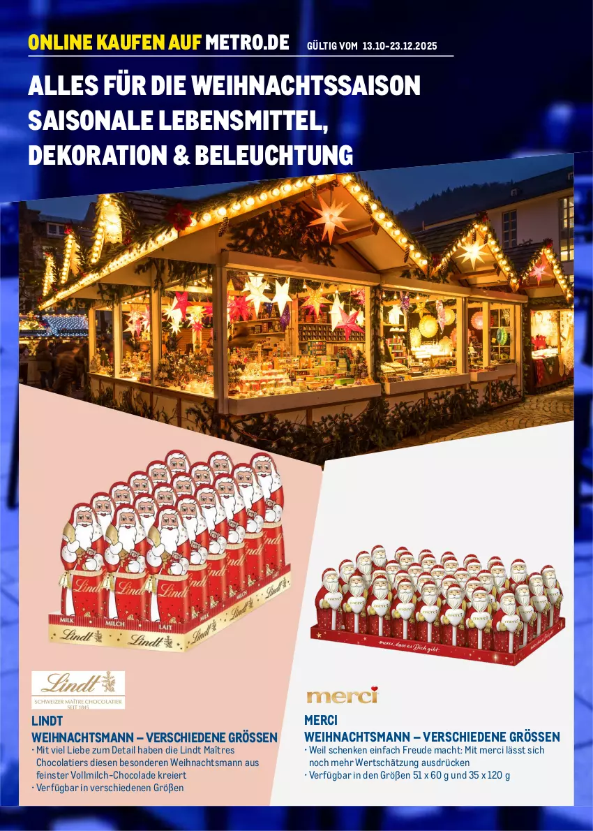 Aktueller Prospekt Metro - Online: Weihnachtszeit - von 13.10 bis 23.12.2025 - strona 1 - produkty: beleuchtung, cola, dekoration, eier, lebensmittel, lindt, mac, merci, Metro, milch, Ti, vollmilch