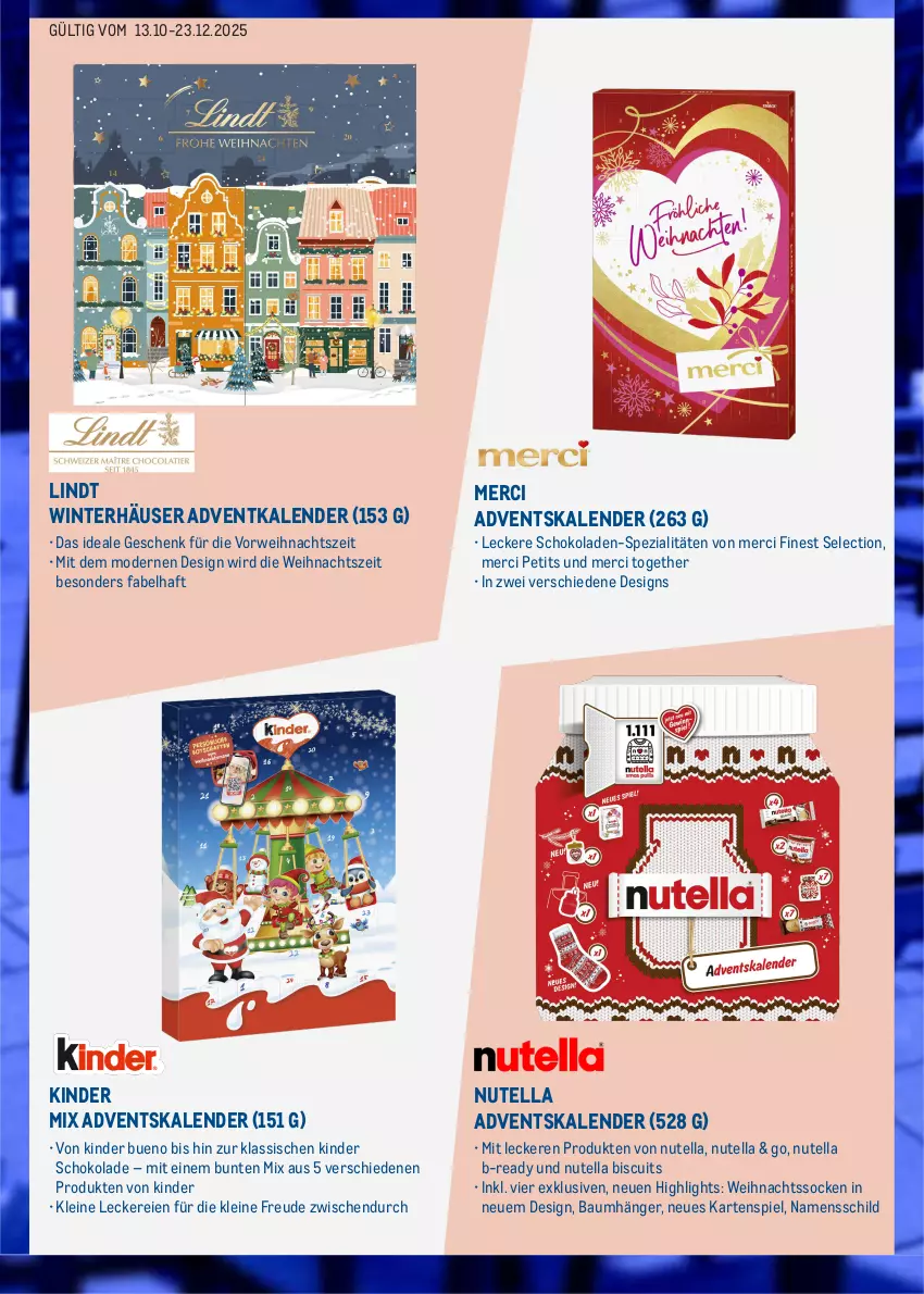 Aktueller Prospekt Metro - Online: Weihnachtszeit - von 13.10 bis 23.12.2025 - strona 6 - produkty: Adventskalender, Bau, Kartenspiel, Kinder, kinder bueno, kinder schokolade, leine, lindt, merci, Mode, nutella, rwe, schoko, schokolade, schokoladen, socken, Spezi, Ti