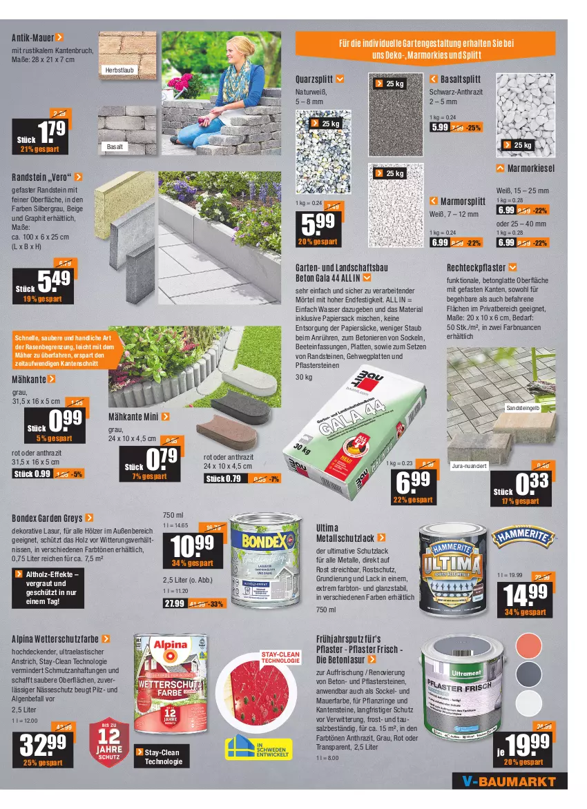 Aktueller Prospekt Vmarkt - V-Baumarkt - von 07.07 bis 13.07.2022 - strona 7 - produkty: alpina, asti, auer, Bau, bondex, decke, elle, Garten, Holz, Jura, lack, latte, LG, Metallschutzlack, natur, Nuance, papier, pflaster, Pflastersteine, rasen, rechteckpflaster, Ria, ring, rwe, sac, salz, tender, Ti, tisch, wasser