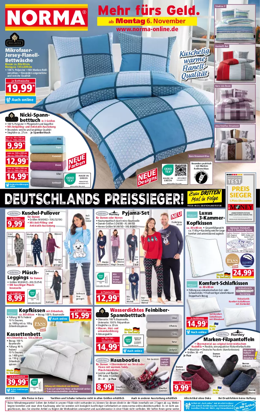 Aktueller Prospekt Norma - Norma - von 06.11 bis 13.11.2023 - strona 1 - produkty: aqua, asti, Bau, baumwolle, Bebe, beere, bett, Betttuch, bettwäsche, Booties, bügel, eis, Elan, elle, gin, Holz, karamell, kissen, kopfkissen, kraft, leggings, LG, Liege, mab, mikrofaser, natur, ndk, Pantoffeln, Plüsch, Plüschleggings, Pullover, Pyjama, reifen, reine baumwolle, reis, reiss, Ria, ring, schuhe, spannbetttuch, Ti, Tipi, tisch, tuc, usb, wasser, wein, Wichtel, wolle