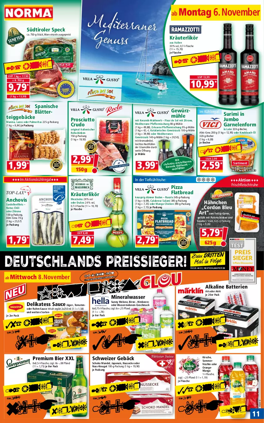 Aktueller Prospekt Norma - Norma - von 06.11 bis 13.11.2023 - strona 11 - produkty: Alwa, batterie, batterien, Becher, beere, bier, blätterteig, blätterteiggebäck, chili, chovi, cola, cordon bleu, decke, Deckel, delikatess sauce, dell, eis, elle, filet, filets, flasche, fleisch, früchte, garnelen, gewürz, Gewürzmühle, gewürzsalz, gin, gouda, himbeer, himbeere, jumbo, kirsch, kirsche, knoblauch, kräuter, kräuterlikör, kühlregal, LG, likör, mac, mandel, mango, melone, melonen, mineralwasser, natur, nuss, orange, pfeffer, pizza, prosciutto, prosciutto crudo, pute, Putenschinken, regal, reis, reiss, rohschinken, rucola, salami, salz, Sardellen, sauce, schinken, schoko, Speck, südtiroler, Ti, tomate, tomaten, wasser, wassermelone, wassermelonen, zitrone