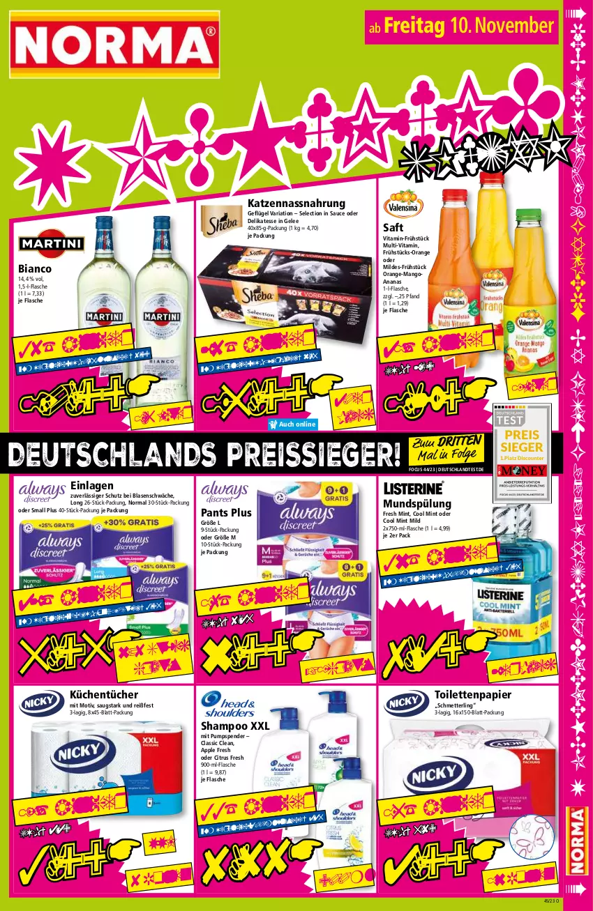 Aktueller Prospekt Norma - Norma - von 06.11 bis 13.11.2023 - strona 15 - produkty: ananas, Apple, citrus, eis, flasche, Geflügel, gelee, küche, Küchen, küchentücher, LG, mango, Mett, mint, mundspülung, Nassnahrung, orange, Pants, papier, reis, reiss, Ria, saft, sauce, Schmetterling, shampoo, spülung, Ti, toilettenpapier, tücher, vita