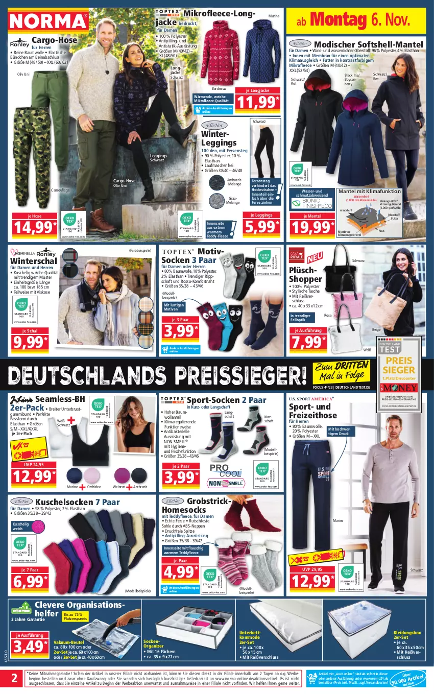 Aktueller Prospekt Norma - Norma - von 06.11 bis 13.11.2023 - strona 2 - produkty: asti, Bau, baumwolle, Bebe, bett, beutel, Brei, dell, eis, Elan, elle, ente, gin, hose, Jacke, kleid, Kleidung, kommode, Kuschelsocken, lack, leggings, LG, Lusti, Mantel, Mode, ndk, obst, orchidee, Plüsch, reine baumwolle, reis, reiss, Schal, socken, Spiele, Sport, Tasche, Ti, Tipi, tisch, wasser, wein, wolle