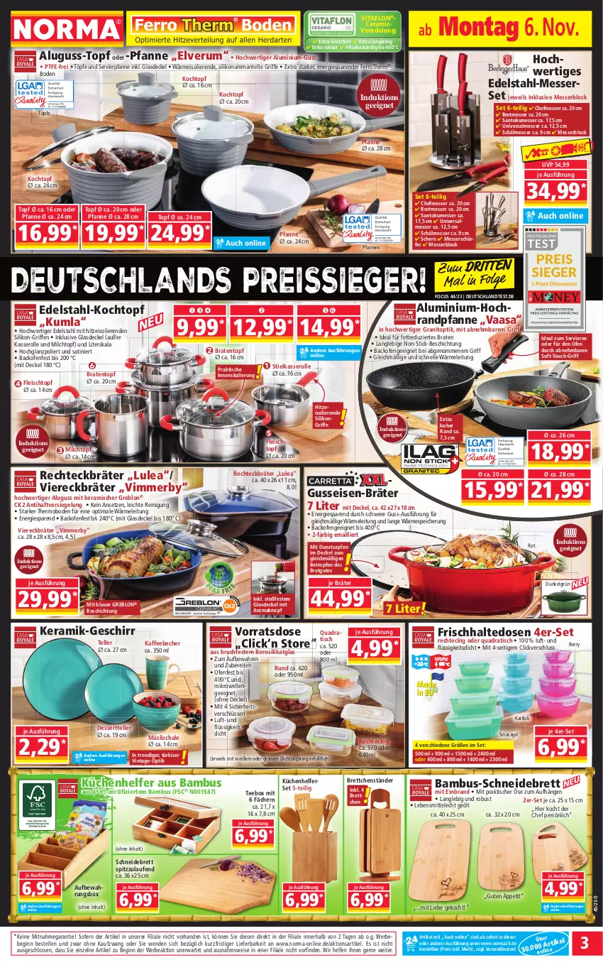 Aktueller Prospekt Norma - Norma - von 06.11 bis 13.11.2023 - strona 3 - produkty: auer, aufbewahrungsbox, backofen, bambus, Bebe, Becher, braten, Bratentopf, Brettchen, brot, decke, Deckel, dessert, Dessertteller, edelstahl, eis, elle, fleisch, Fleischtopf, frischhaltedosen, geschirr, gin, Glasdeckel, hochglanz, K2, kaffee, kaffeebecher, Kochtopf, küche, Küchen, Küchenhelfer, Laufen, lebensmittel, LG, Mantel, messer, messerblock, Messerset, mikrowelle, milch, müsli, Müslischale, ndk, Ofen, pfanne, pfannen, quad, Rechteckbräter, Reinigung, reis, reiss, ring, rum, Schal, Schale, Schere, schneidebrett, stielkasserolle, tee, teller, Ti, tisch, topf, vita