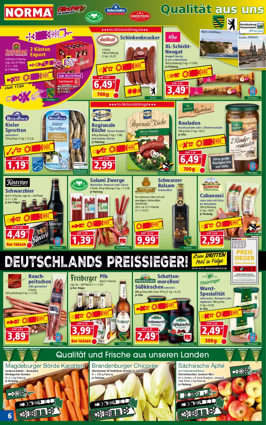 Aktueller Prospekt Norma - Norma - von 06.11 bis 13.11.2023 - strona 6 - produkty: balsam, Bau, bier, burger, Cabanossi, eis, elle, flasche, Garten, HP, jagdwurst, karotten, Käse, kirsch, kirsche, kirschen, knacker, Kraut, kräuter, kräuterlikör, Kreide, küche, kühlregal, leberwurst, LG, likör, lorenz, mac, morellen, natur, nuss, obst, peperoni, Peroni, pils, Rauch, regal, reis, reiss, rel, rind, rinder, Rinderroulade, rinderrouladen, Rotwurst, rouladen, rwe, sac, salami, schattenmorellen, schinken, Soße, Spezi, Sprotten, Ti, tiefpreis, wurst