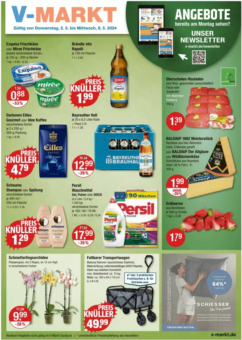 Aktueller Prospekt Vmarkt - Prospekte - von 02.05 bis 08.05.2024 - strona 1 - produkty: angebot, angebote, Becher, blume, blumen, darbo, darboven, eis, elle, flasche, getränk, getränke, hartkäse, Heu, heumilch, kaffee, Käse, LG, Meister, Mett, milch, orchidee, persil, phalaenopsis, reis, Ria, rind, rouladen, Schal, Schale, schauma, Schmetterling, schmetterlingsorchidee, schnitten, schnittkäse, shampoo, shampoo oder spülung, Sport, spülung, Tasche, taschen, teller, Ti, topf, Transportwagen, waschmittel, Wild, Wildblumenkäse