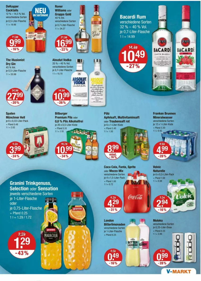 Aktueller Prospekt Vmarkt - Prospekte - von 02.05 bis 08.05.2024 - strona 11 - produkty: Absolut Vodka, alkohol, Alwa, apfel, apfelsaft, bitburger, brunnen, burger, cocktail, cocktails, cola, dry gin, elle, fanta, flasche, franken brunnen, gin, grappa, je 1-liter-flasche, limo, limonade, limonaden, Mezzo Mix, mineralwasser, Multivitaminsaft, natur, pils, premium pils, rel, saft, Spaten, sprite, Ti, trauben, Traubensaft, vita, vodka, volvic, wasser