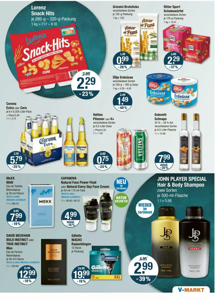 Aktueller Prospekt Vmarkt - Prospekte - von 02.05 bis 08.05.2024 - strona 15 - produkty: brot, Brotsticks, corona, corona extra, David Beckham, Eau de parfum, eau de toilette, erdnüsse, flasche, gillette, grissini, je 500-ml-flasche, mac, mach3, Mexx, natur, natura, parfum, pils, pilsener, Rasierklinge, rasierklingen, ritter, ritter sport, schoko, schokowürfel, shampoo, snack, snack hits, Sport, Ti, veltins, würfel