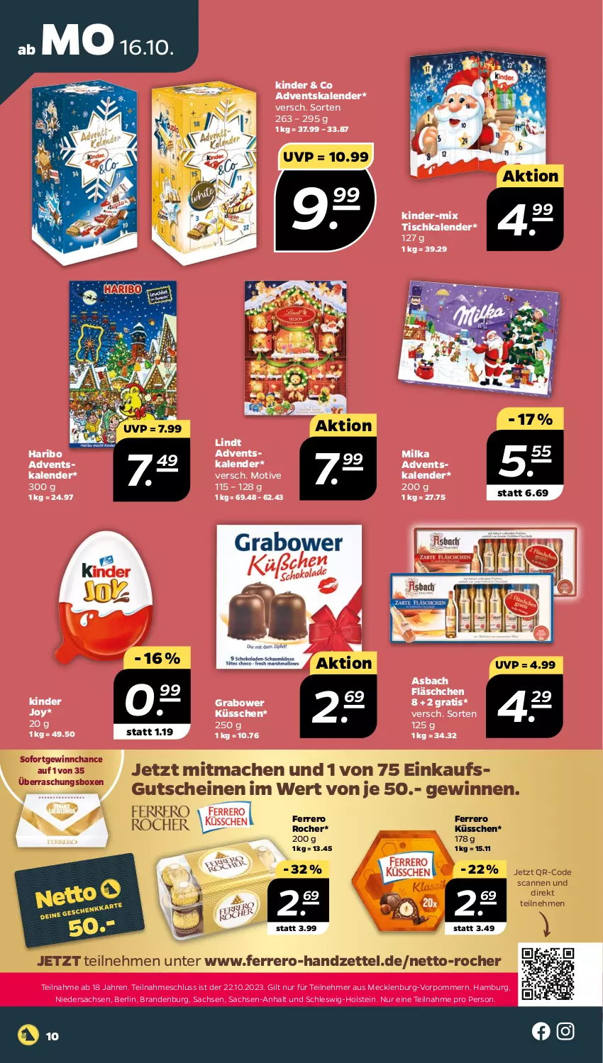 Aktueller Prospekt Netto - Woche 42 - von 16.10 bis 21.10.2023 - strona 10 - produkty: Adventskalender, ferrero, Ferrero Küsschen, Ferrero Rocher, gutschein, gutscheine, haribo, Kinder, lindt, mac, milka, sac, Ti, tisch