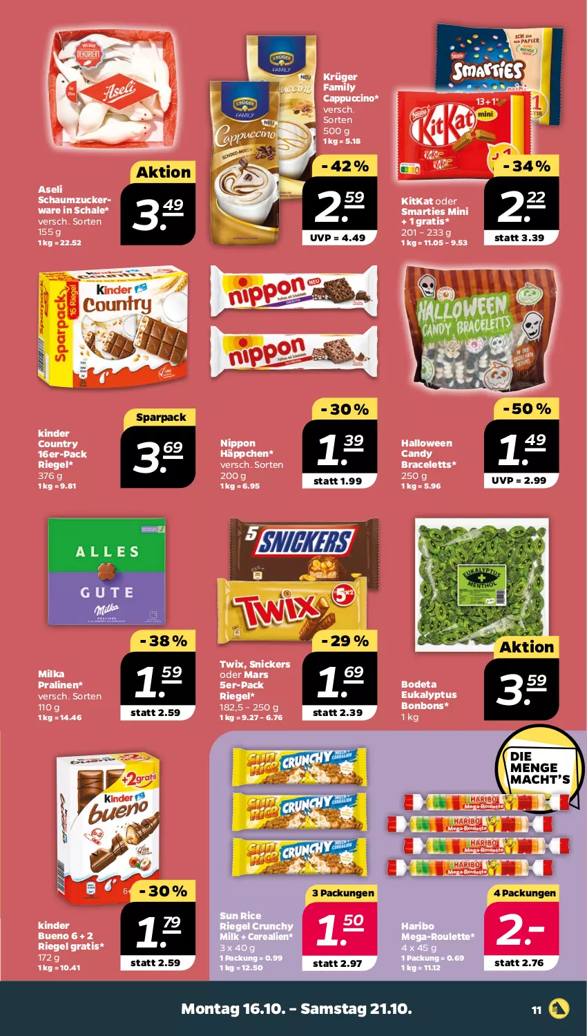 Aktueller Prospekt Netto - Woche 42 - von 16.10 bis 21.10.2023 - strona 11 - produkty: bonbons, Cap, cappuccino, cerealien, cin, haribo, Kinder, kinder bueno, kinder country, kitkat, krüger, mars, milka, nippon, pralinen, riegel, Schal, Schale, Schaumzucker, smarties, snickers, Ti, twix, zucker