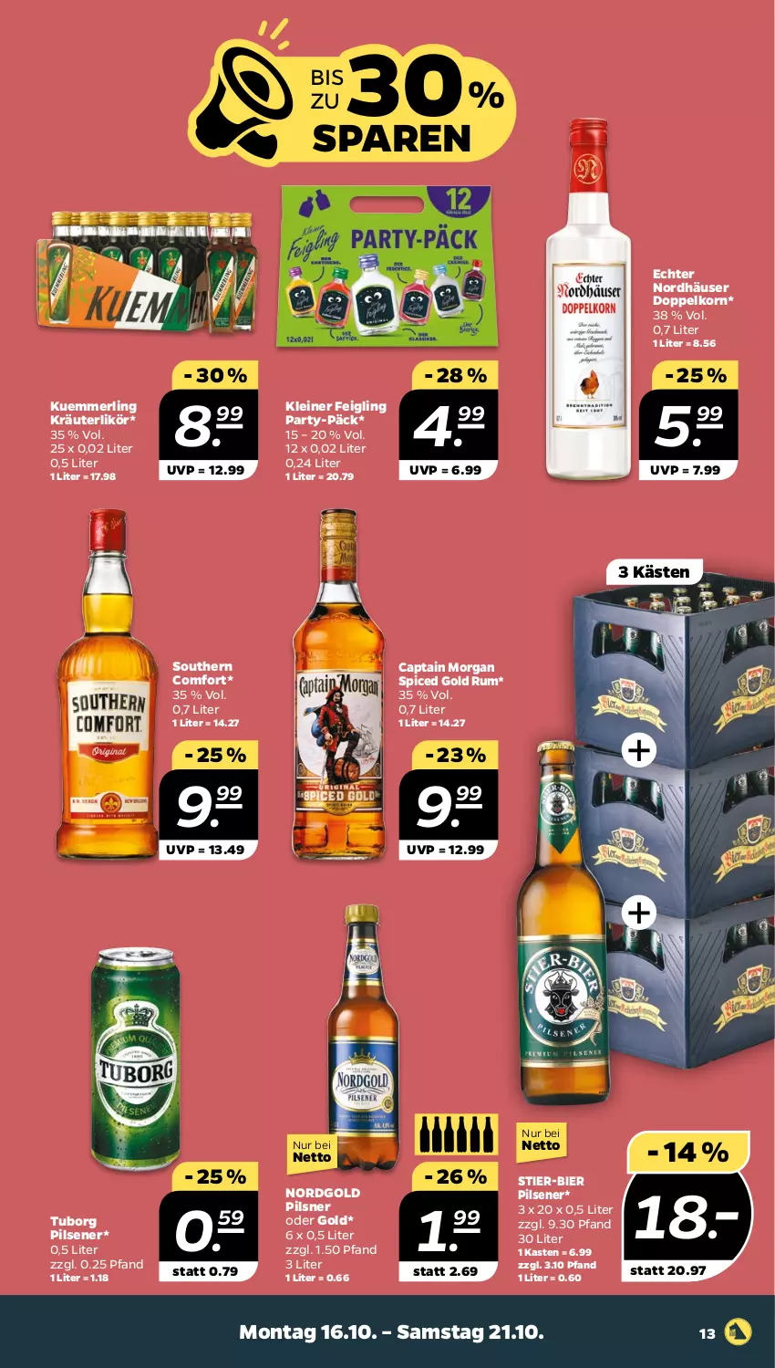 Aktueller Prospekt Netto - Woche 42 - von 16.10 bis 21.10.2023 - strona 13 - produkty: bier, Cap, captain morgan, doppelkorn, kleiner feigling, korn, kräuter, kräuterlikör, kuemmerling, leine, likör, merl, pils, pilsener, pilsner, rum, Southern Comfort, Stier, Ti