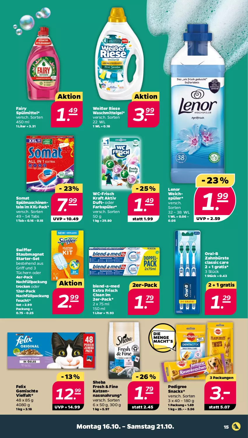 Aktueller Prospekt Netto - Woche 42 - von 16.10 bis 21.10.2023 - strona 15 - produkty: blend-a-med, bürste, fairy, felix, kraft, lenor, lenor weichspüler, LG, Nassnahrung, oral-b, pedigree, sheba, snack, snacks, somat, spülmaschinen, spülmaschinentabs, spülmittel, staubmagnet, swiffer, Ti, tücher, waschmittel, weichspüler, zahnbürste