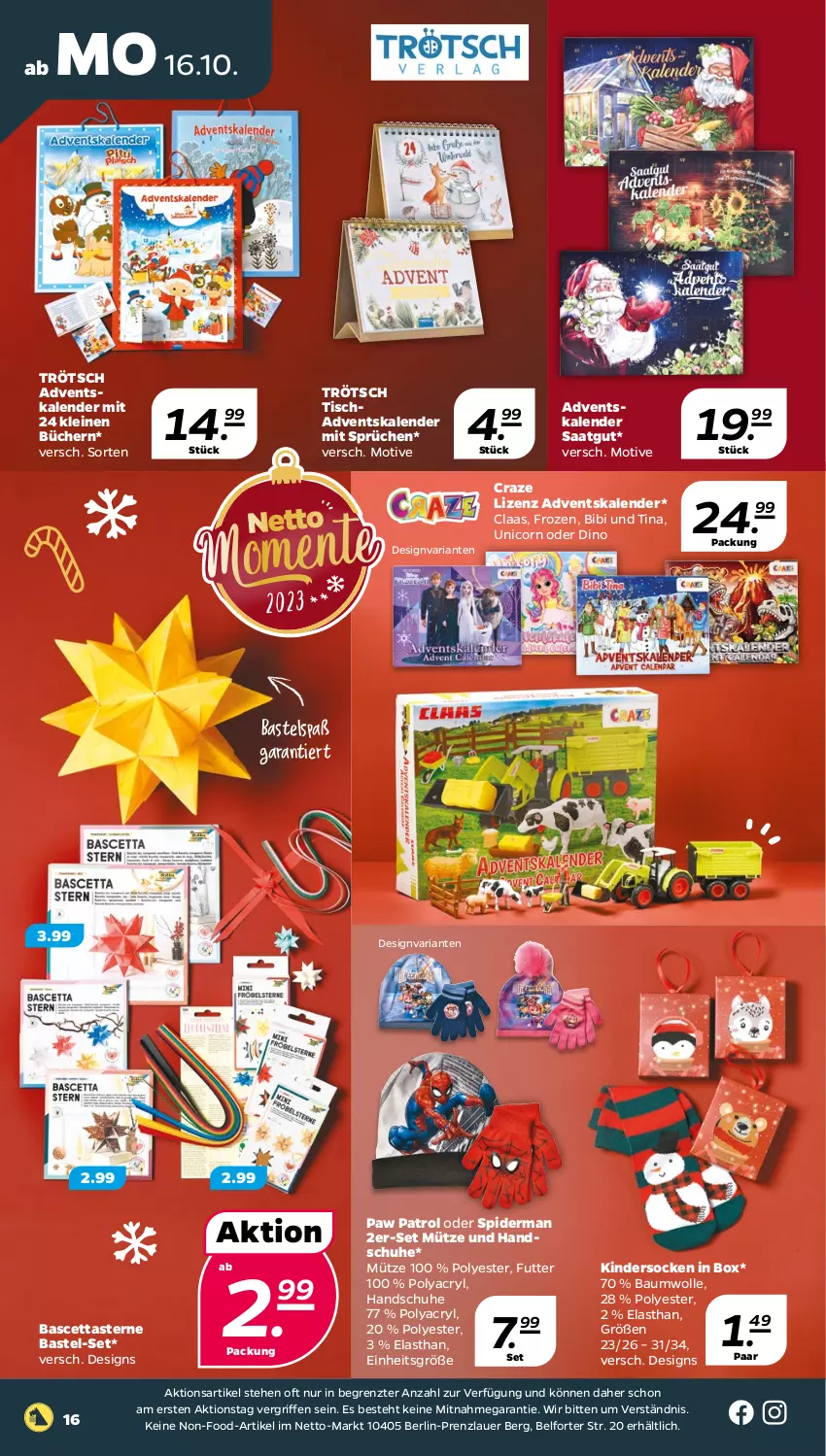 Aktueller Prospekt Netto - Woche 42 - von 16.10 bis 21.10.2023 - strona 16 - produkty: Adventskalender, auer, Bau, baumwolle, handschuhe, Kinder, leine, Mütze, Paw Patrol, Ria, schuhe, socken, Ti, tisch, wolle, ZTE