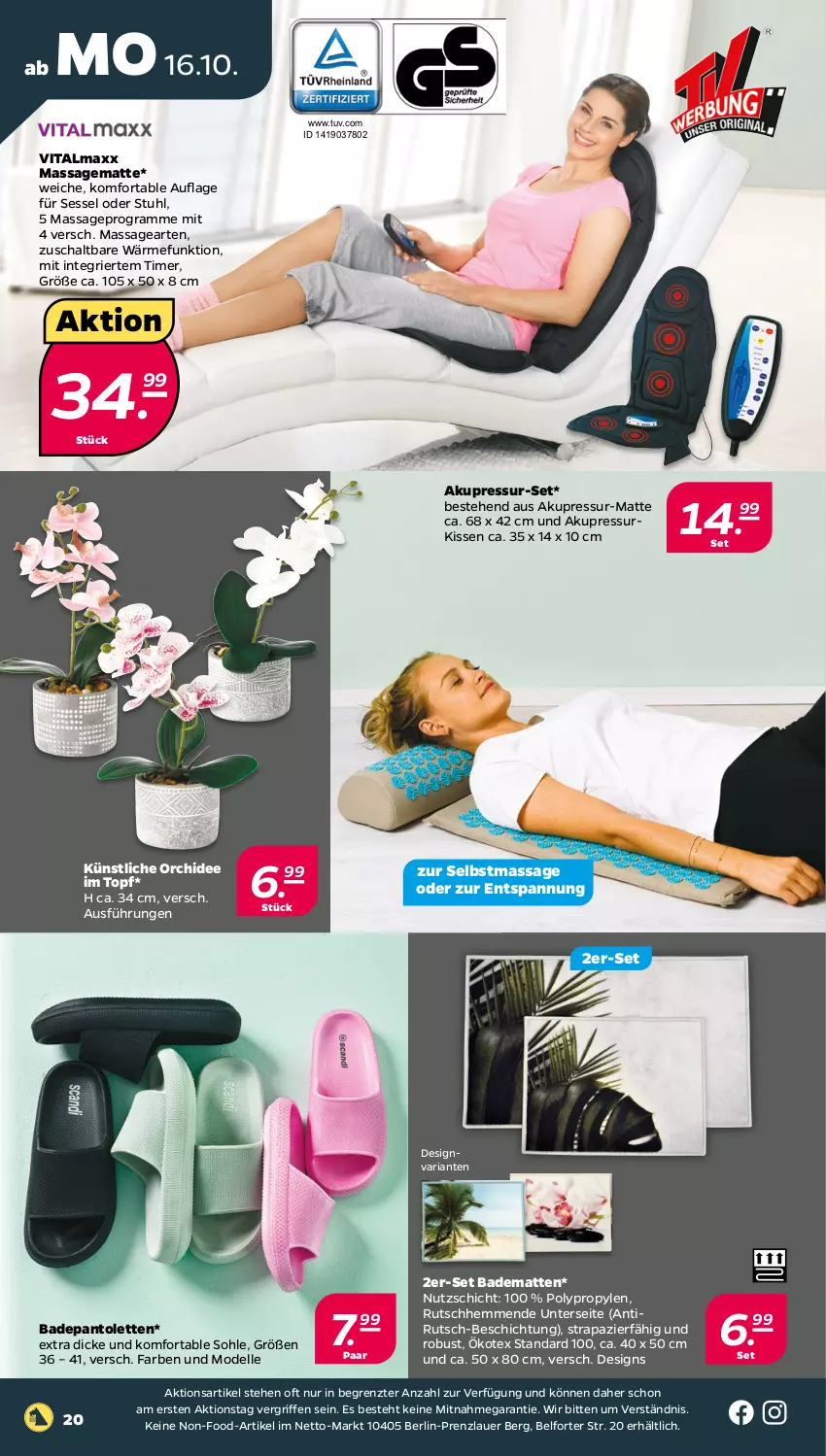 Aktueller Prospekt Netto - Woche 42 - von 16.10 bis 21.10.2023 - strona 20 - produkty: auer, Bad, badematte, dell, elle, kissen, Mode, orchidee, pantolette, pantoletten, Ria, Schal, sessel, stuhl, Ti, timer, topf, vita, vitalmaxx, ZTE