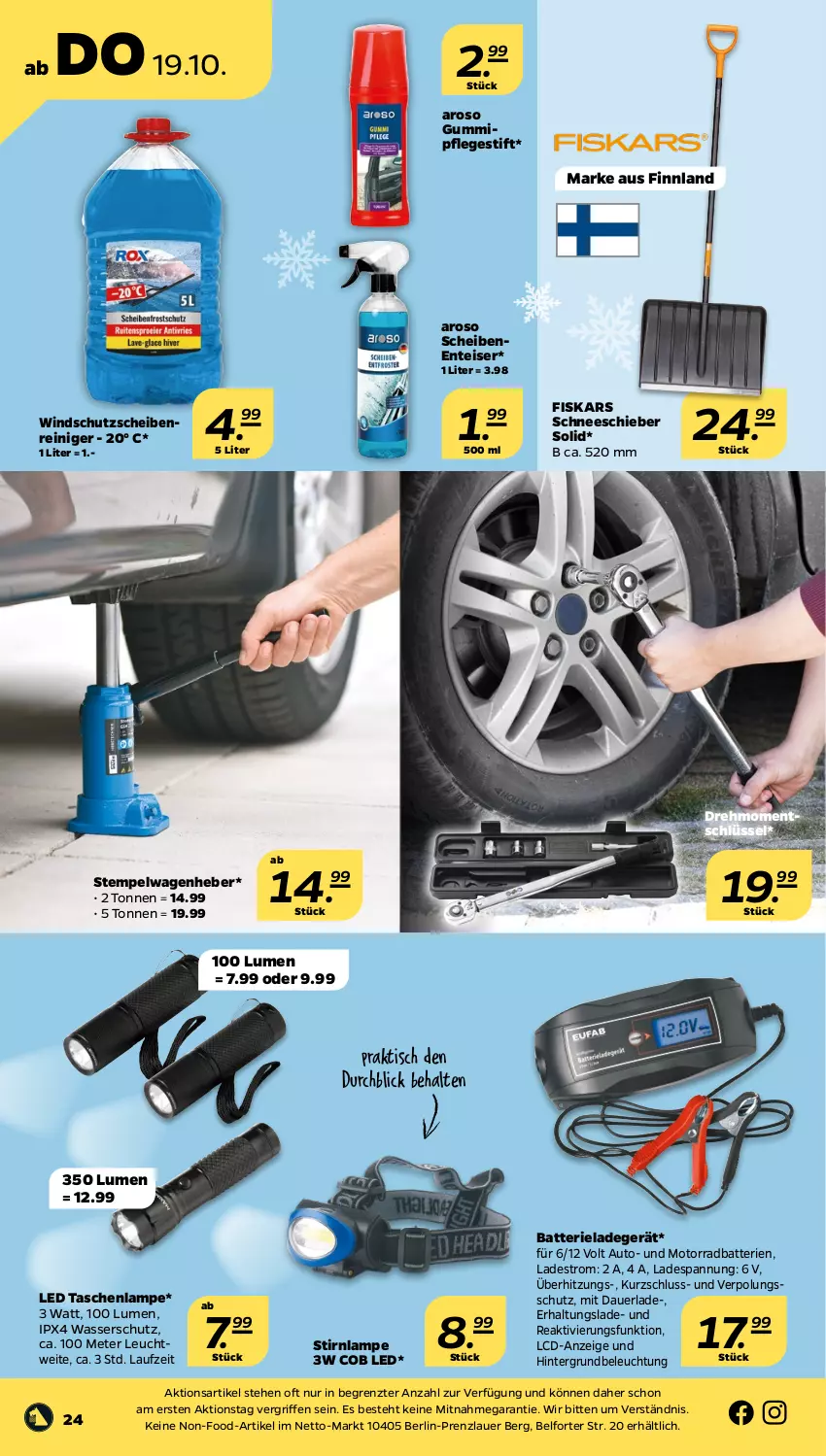 Aktueller Prospekt Netto - Woche 42 - von 16.10 bis 21.10.2023 - strona 24 - produkty: auer, auto, batterie, batterien, beleuchtung, eis, ente, fiskars, ladegerät, Lampe, reiniger, Scheibenreiniger, Tasche, taschen, taschenlampe, Ti, tisch, wasser, Windschutz, ZTE