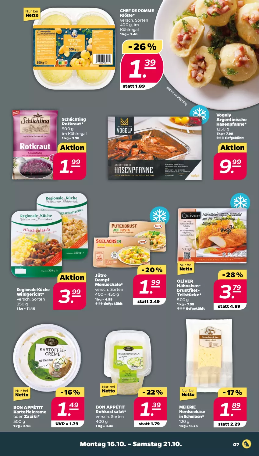 Aktueller Prospekt Netto - Woche 42 - von 16.10 bis 21.10.2023 - strona 7 - produkty: brustfilet, creme, eier, filet, hähnchenbrust, hähnchenbrustfilet, kartoffel, Käse, Kraut, küche, kühlregal, Nordsee, pfanne, regal, salat, Schal, Schale, Ti, Wild, zaziki