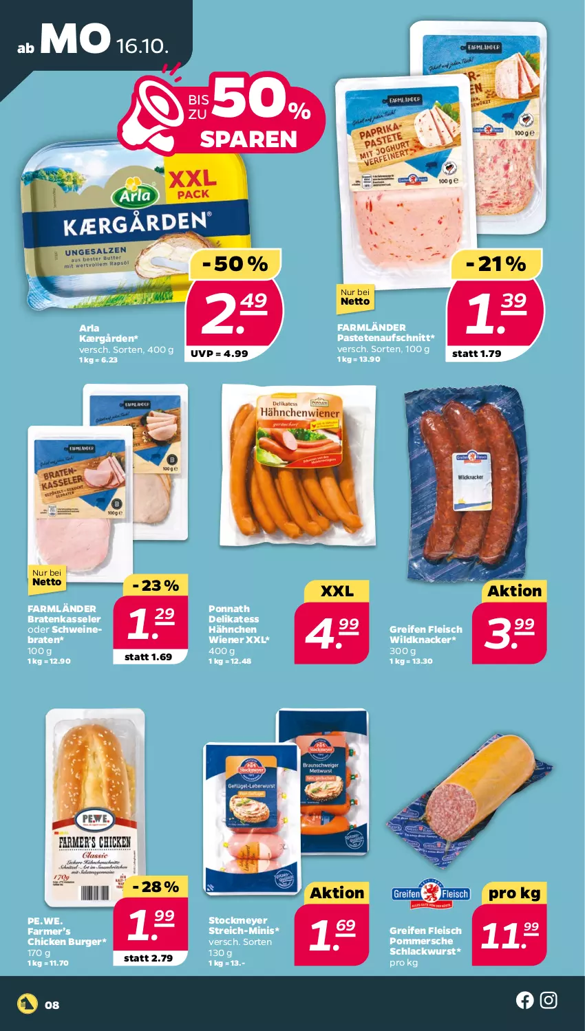 Aktueller Prospekt Netto - Woche 42 - von 16.10 bis 21.10.2023 - strona 8 - produkty: arla, aufschnitt, braten, burger, eis, fleisch, Kærgården, kasseler, knacker, lack, pastete, Pommersche, ponnath, reifen, schwein, schweine, schweinebraten, stockmeyer, Ti, wein, weine, wiener, Wild, wurst