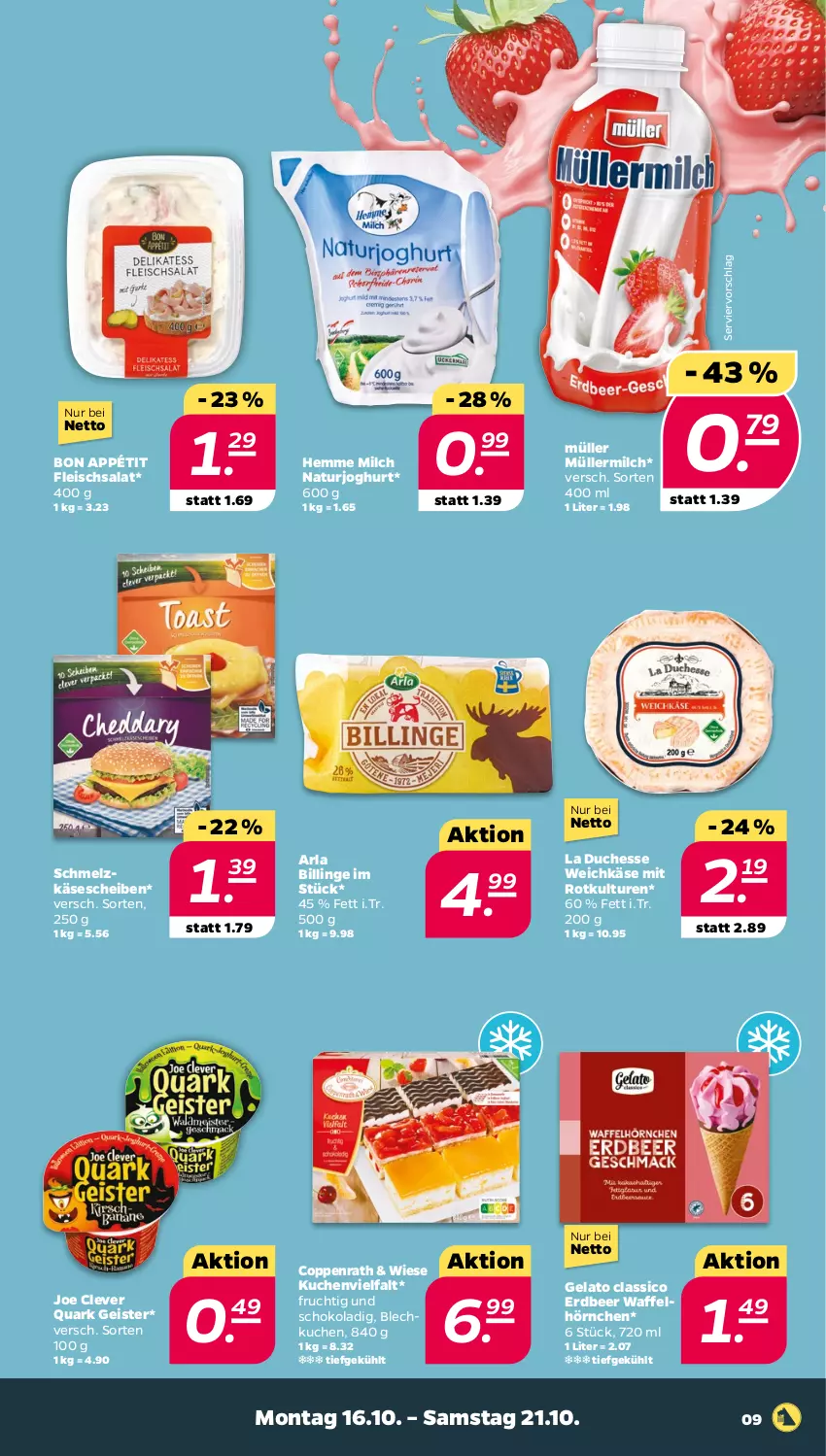 Aktueller Prospekt Netto - Woche 42 - von 16.10 bis 21.10.2023 - strona 9 - produkty: arla, classico, coppenrath, eis, fleisch, fleischsalat, frucht, hörnchen, joghur, joghurt, Käse, käsescheiben, kuchen, milch, Müller, müllermilch, natur, naturjoghurt, quark, salat, Schmelzkäse, schoko, Ti, Waffelhörnchen, weichkäse