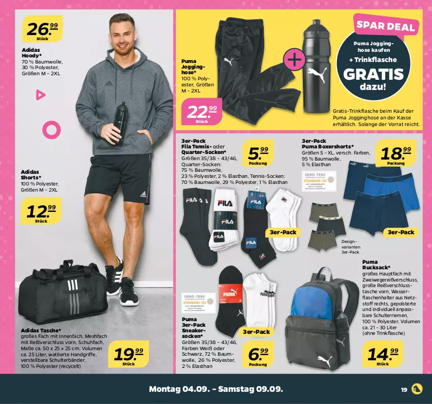 Aktueller Prospekt Netto - Woche 36 - von 04.09 bis 09.09.2023 - strona 19 - produkty: Adidas, Bau, baumwolle, flasche, gin, hose, Jogginghose, puma, Ria, rucksack, sac, shorts, sneaker, sneakersocken, socken, Tasche, Ti, trinkflasche, wasser, wolle