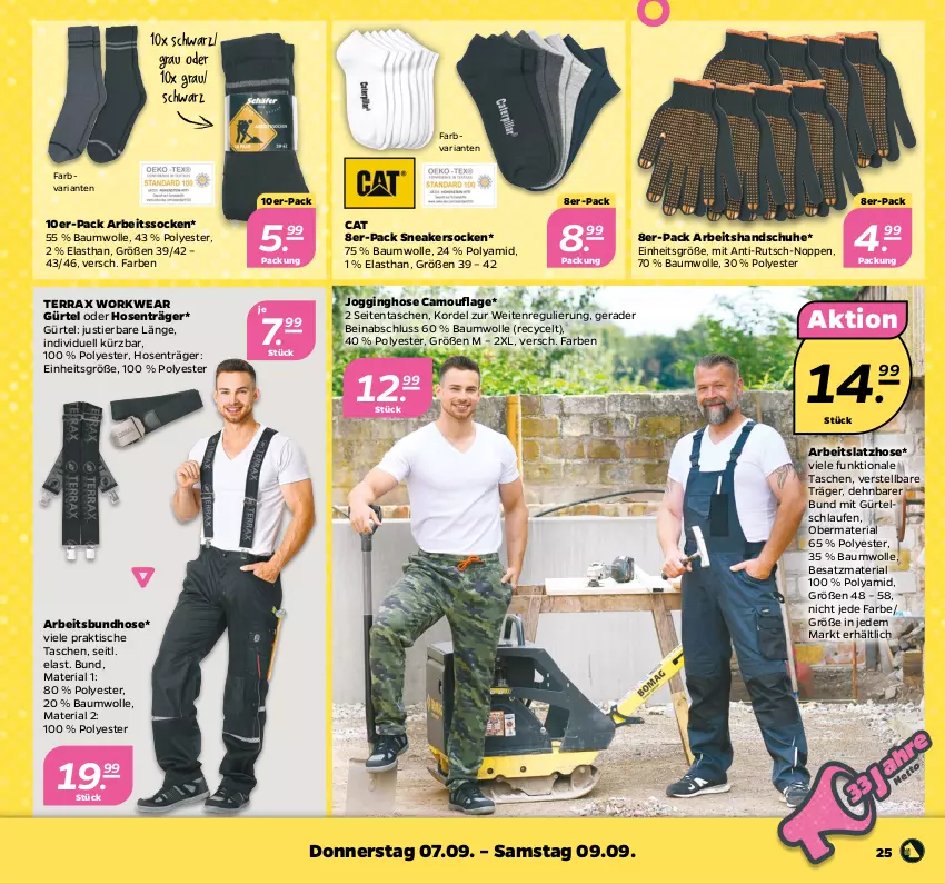 Aktueller Prospekt Netto - Woche 36 - von 04.09 bis 09.09.2023 - strona 25 - produkty: Arbeitssocken, Bau, baumwolle, gin, handschuhe, hose, hosen, Jogginghose, Latzhose, Laufen, Ria, schuhe, sneaker, sneakersocken, socken, Stier, Tasche, taschen, Ti, tisch, wolle